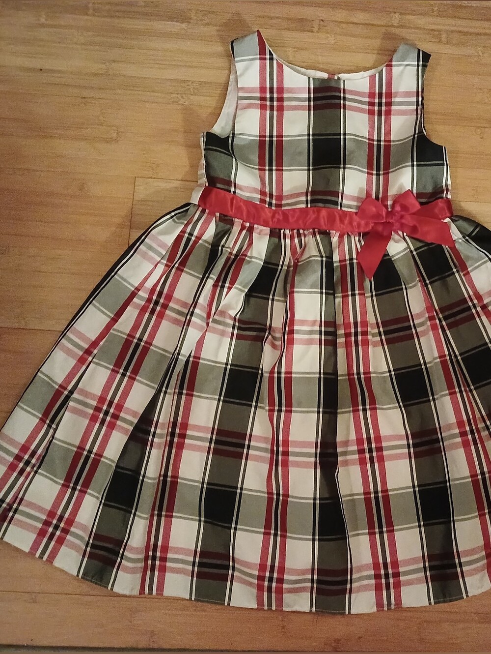 George Red Black and White Plaid Holiday Dress with Satin Bow